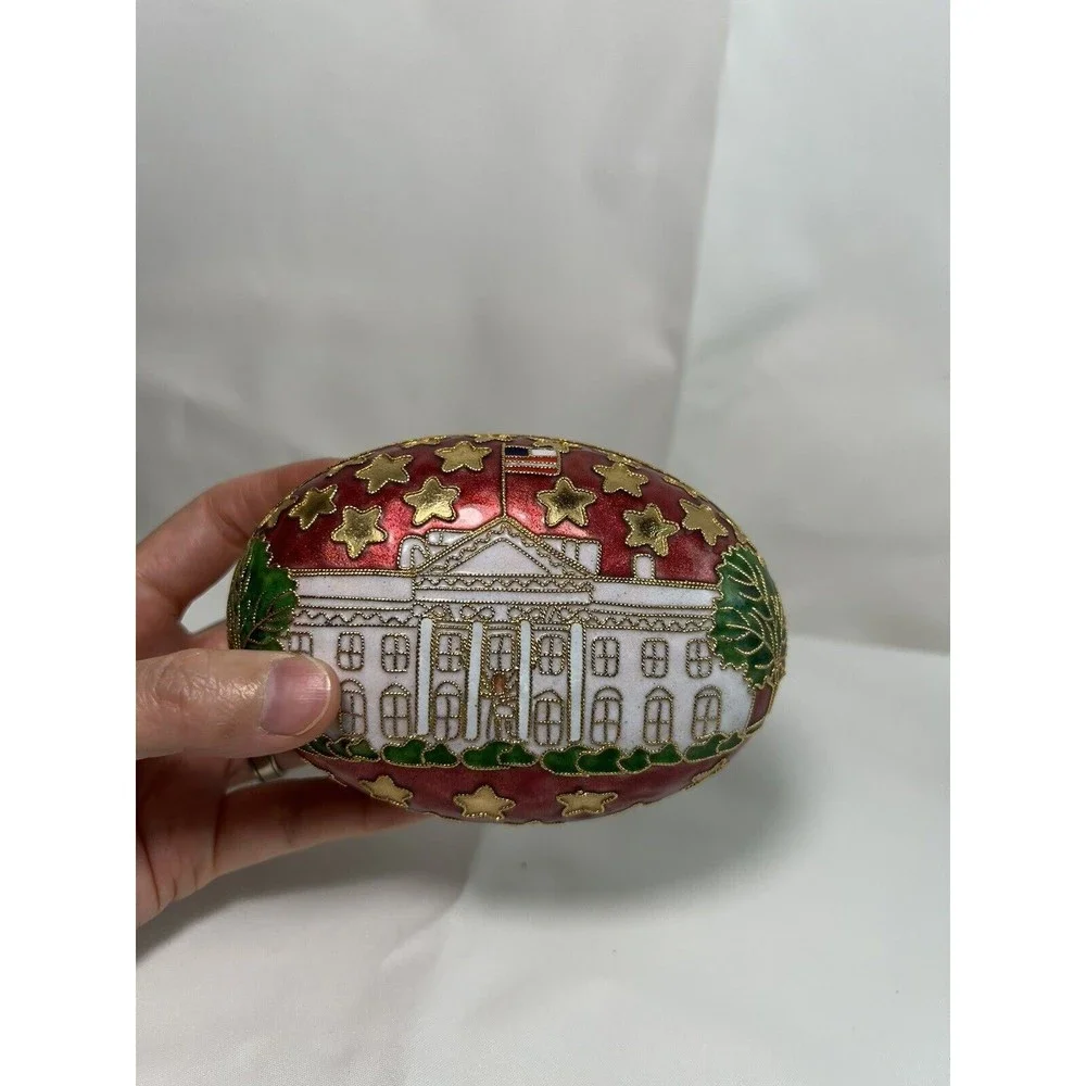 Enamel White House & American Star Flag Egg Shaped Trinket‎ Box Jewelry Dish